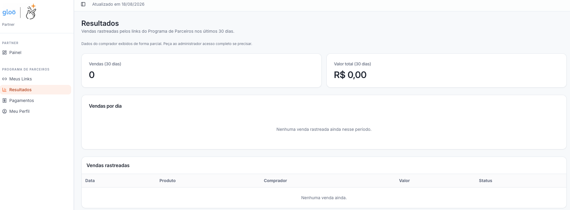 Plataforma de afiliados — tela de resultados